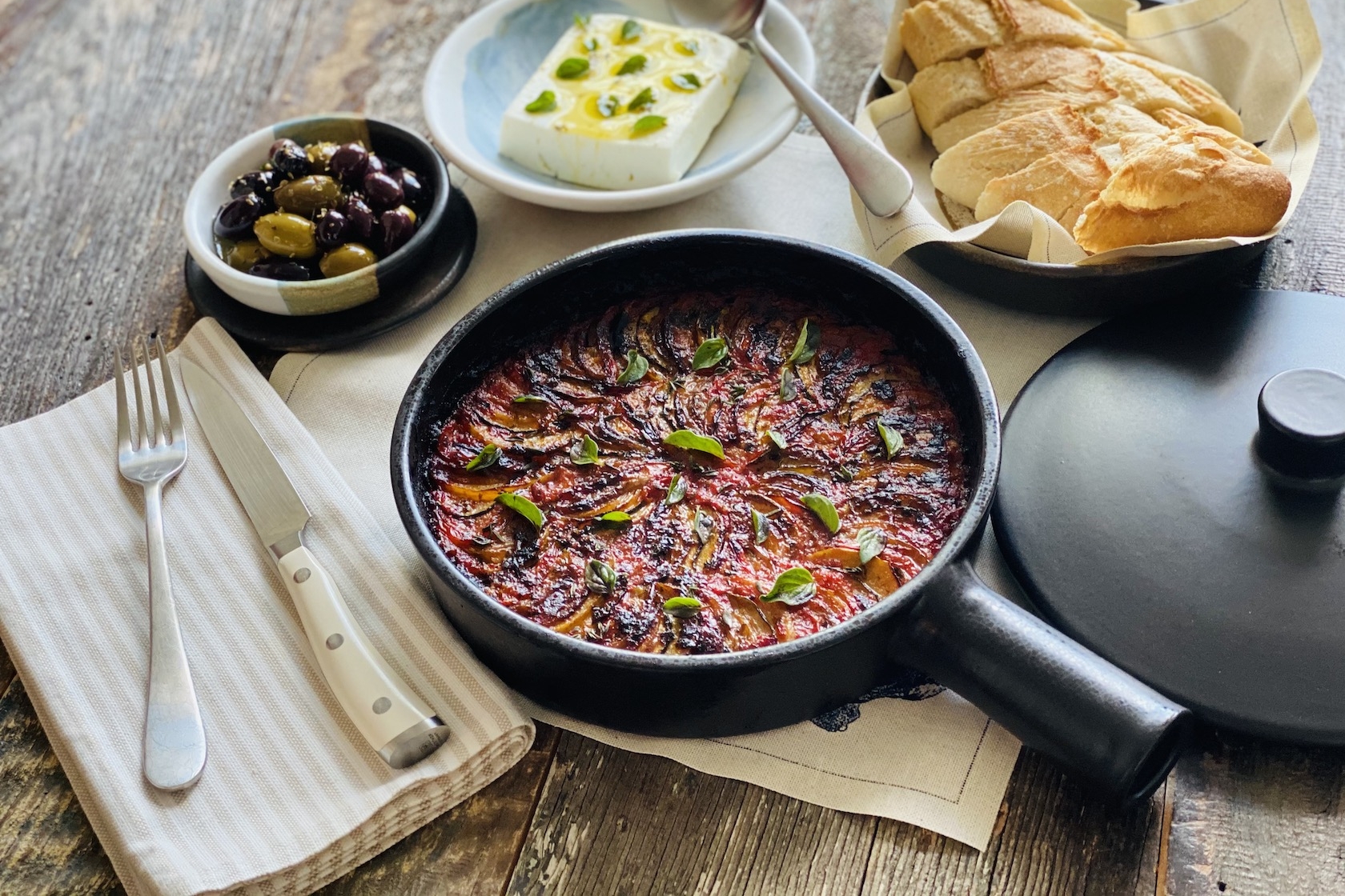 Greek-Style Oven Baked Vegetables with Marinated Olives, Feta Cheese and Crusty Country Bread