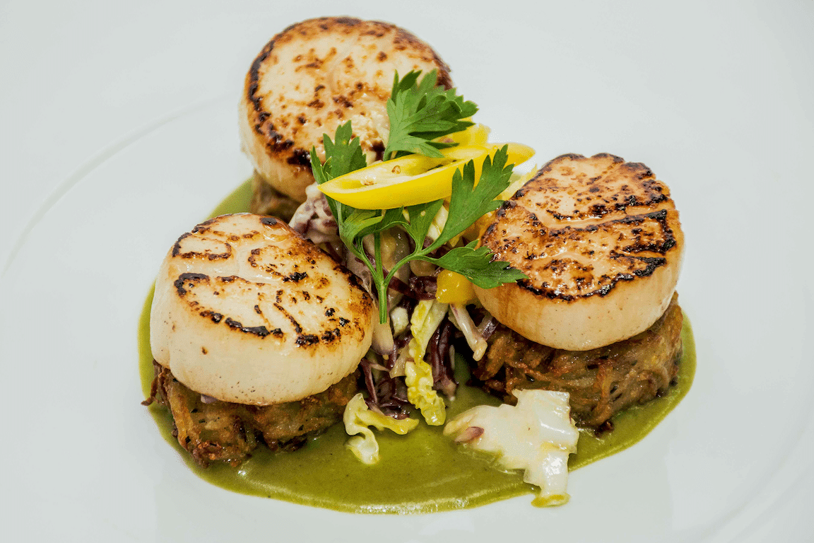 Pan Seared Scallops, Thai Green Curry Sauce, Asian Mango Slaw